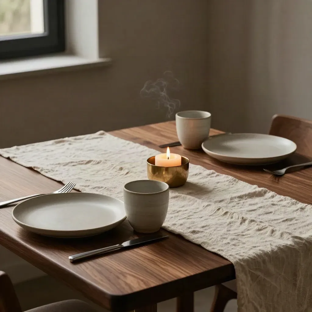A reset dining nook with two place settings and a glowing candle in warm dusk light.
