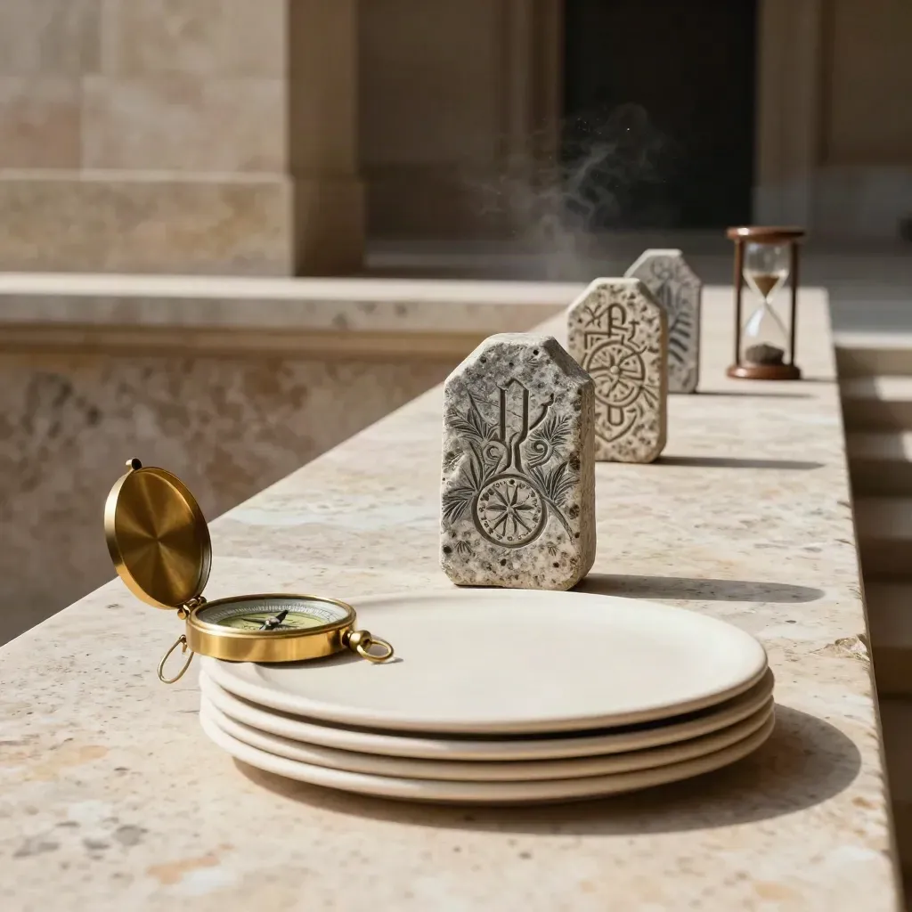 Brass compass, stone markers, ceramic disks and hourglass on travertine in warm daylight.
