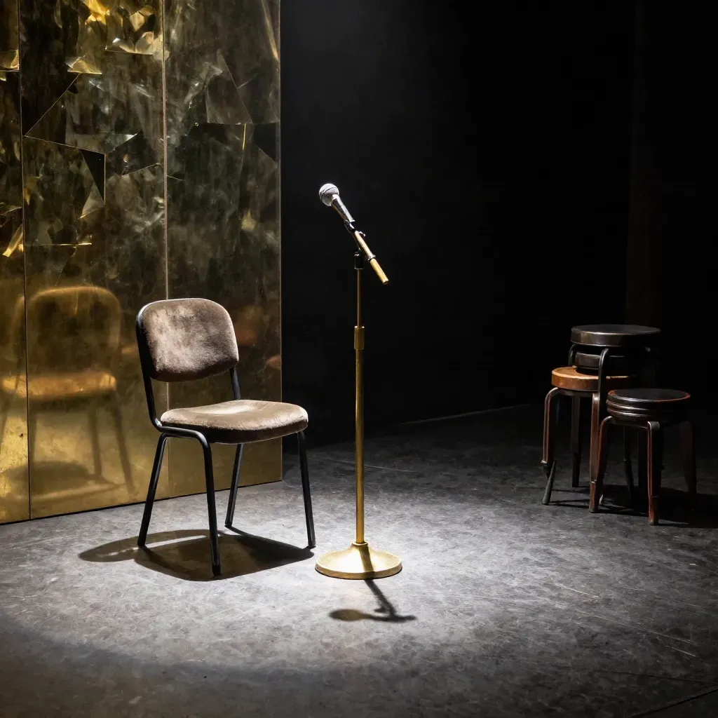 Empty rehearsal stage with velvet chair, brass mic stand, mirrored backdrop, and stacked stools in spotlight.