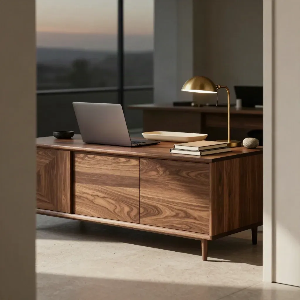 Empty corner office with closed laptop, lamp, tray, and notebooks on a walnut credenza.