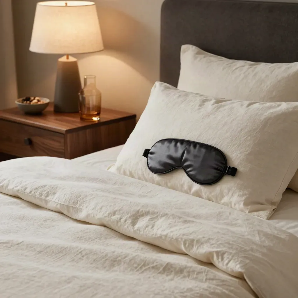 Made bed with sleep mask, carafe, lamp and herb bowl in a warm bedroom at night.