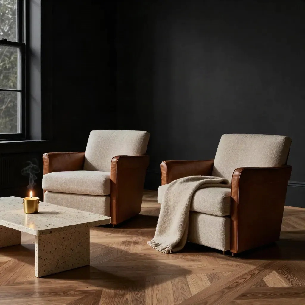 Two angled armchairs, candle and folded blanket in a dim calm living room with warm side light