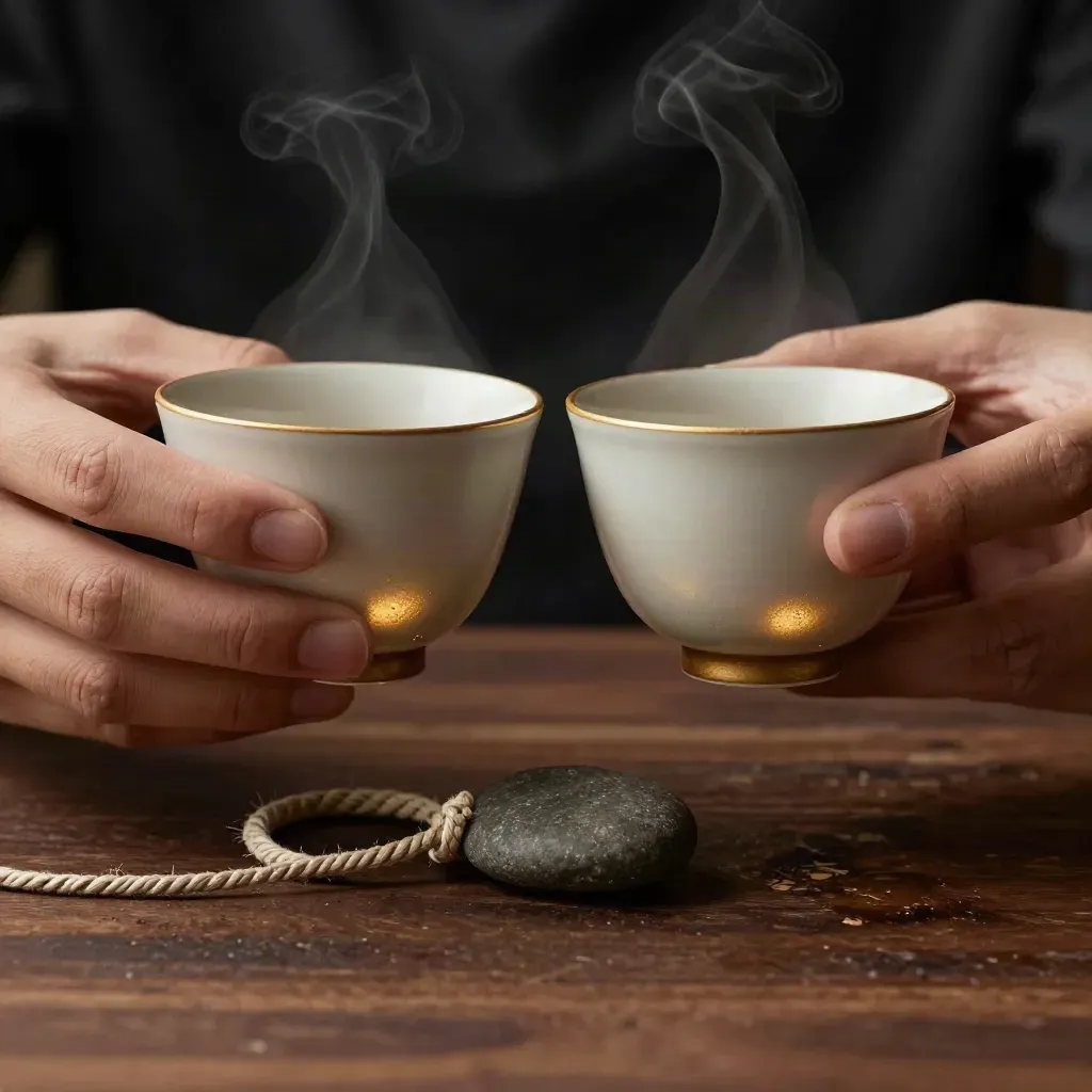 Two ceramic cups, cord loop, and balancing stone on walnut, lit in a macro still life.