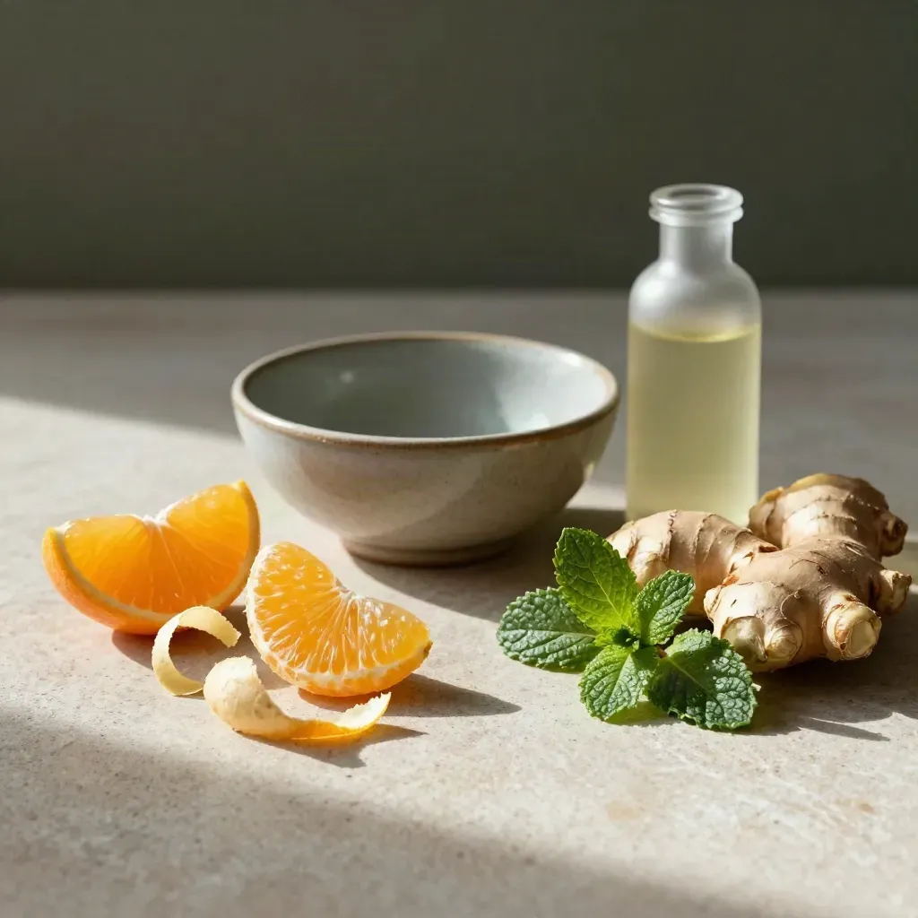 Fresh citrus, ginger, mint, ceramic bowl, and frosted oil bottle on pale stone