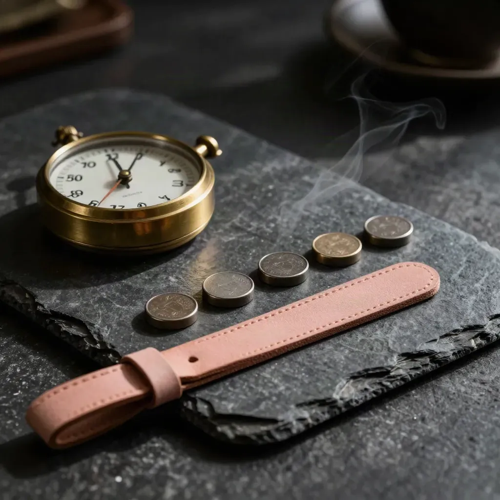 Brass timer, five tokens, and leather strap on dark stone with tea steam