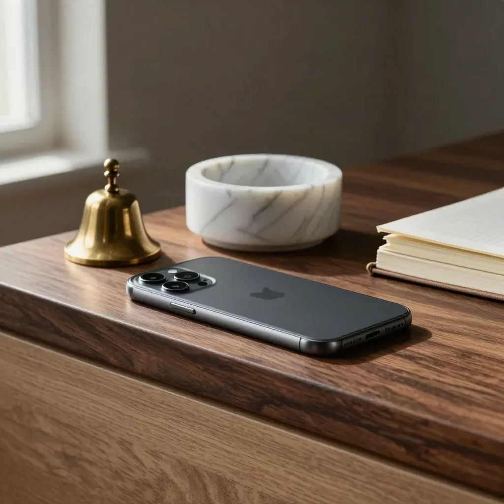 Face-down phone, brass bell, marble catchall and closed notebook on a dark walnut ledge.