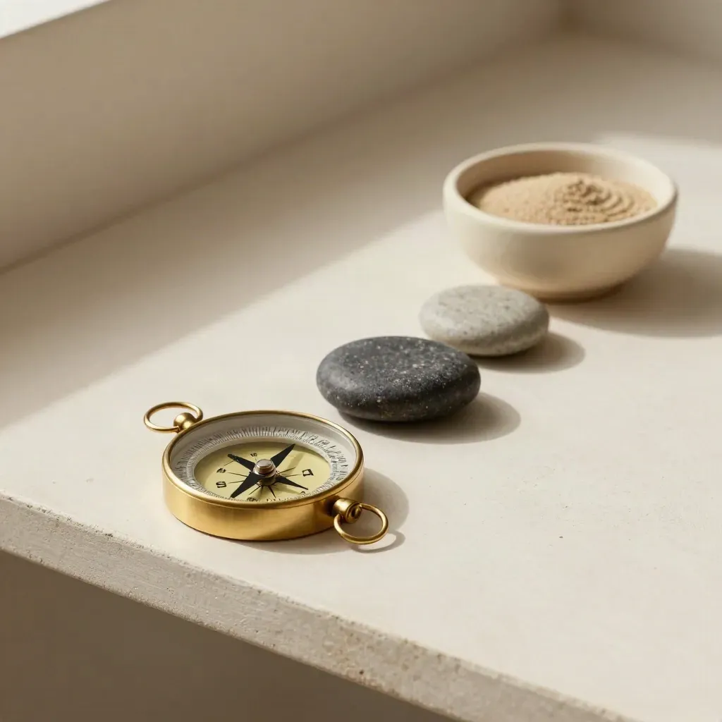 Brass compass with ceramic stones and sand bowl on a pale plaster shelf in soft side light.