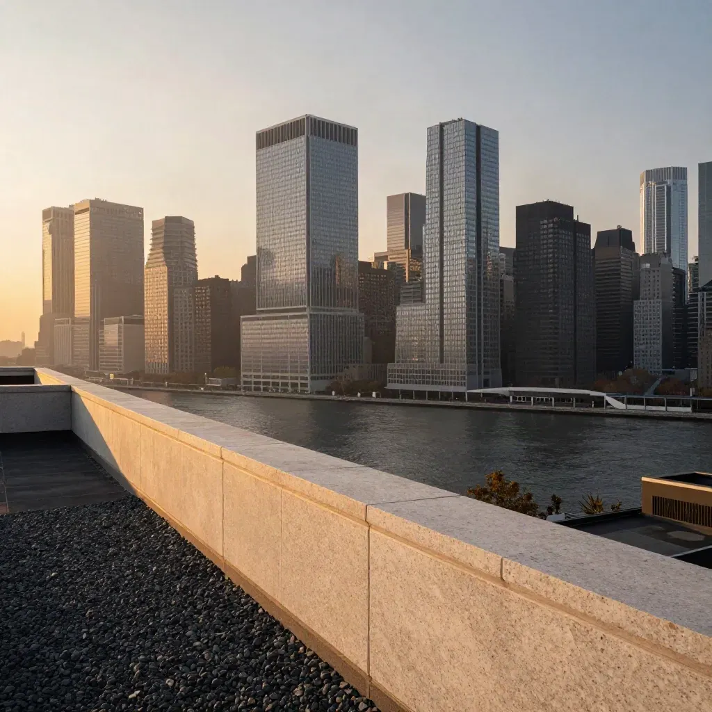 Midtown Manhattan skyline at sunset above a calm river and rooftop foreground.