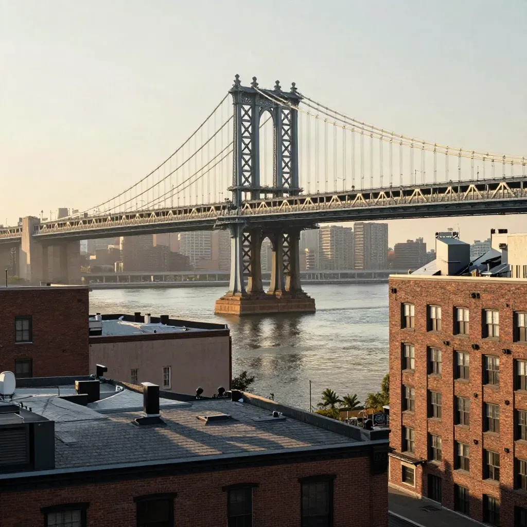 Manhattan Bridge over DUMBO rooftops at golden hour with hazy East River