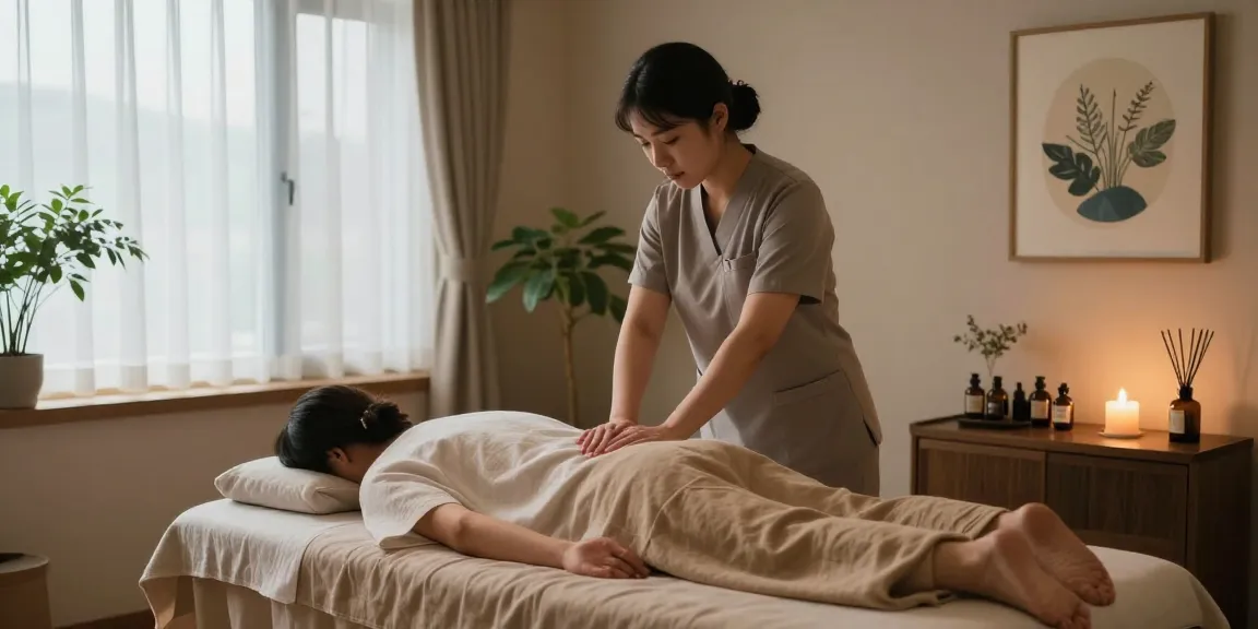 부산스웨디시 마사지 공간에서의 편안한 마사지 장면, 아로마 오일 준비 중인 관리사와 릴렉스한 분위기
