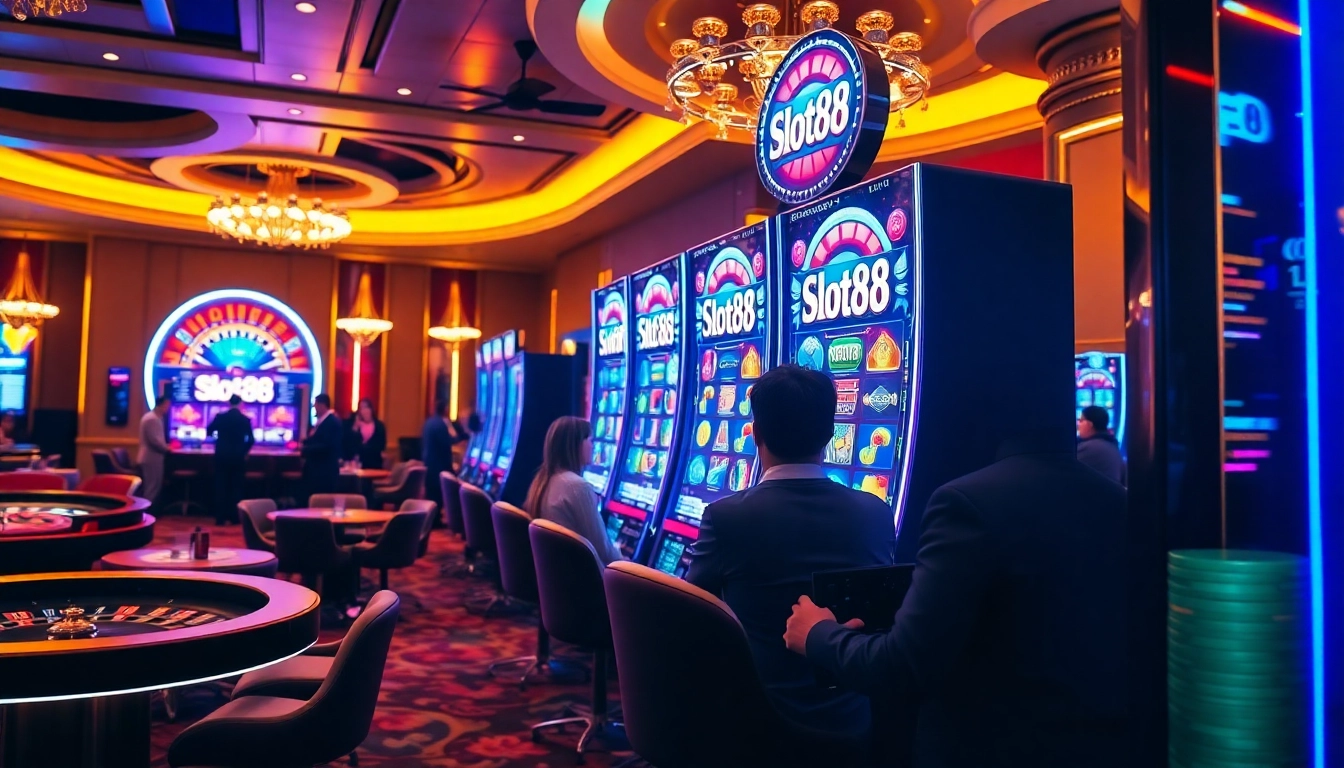 Excited players trying their luck on the slot88 machine in a vibrant casino setting.