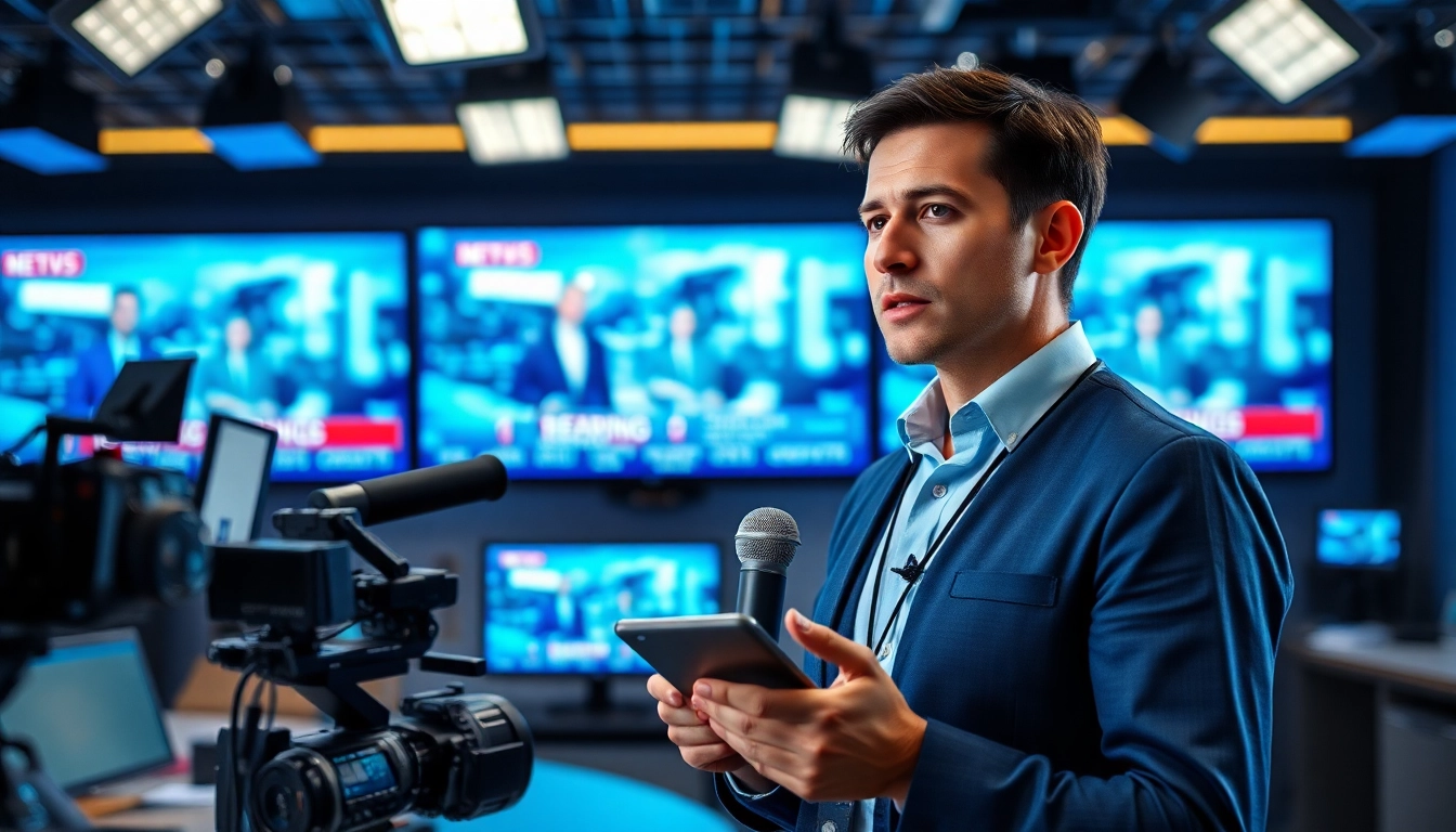 Journalist delivering breaking news in a vibrant newsroom filled with energy.