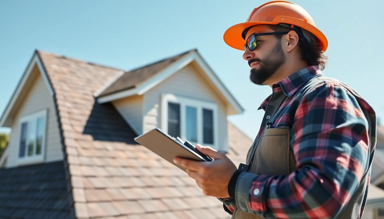 Roofing contractor inspecting quality craftsmanship on a residential roof, showcasing professionalism.