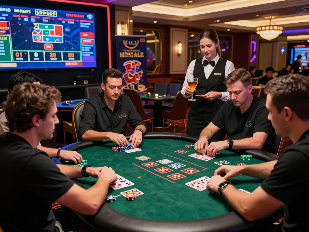Players engaging in exciting live casino games at https://bong99.pro/ with vibrant decor and friendly dealer interactions.