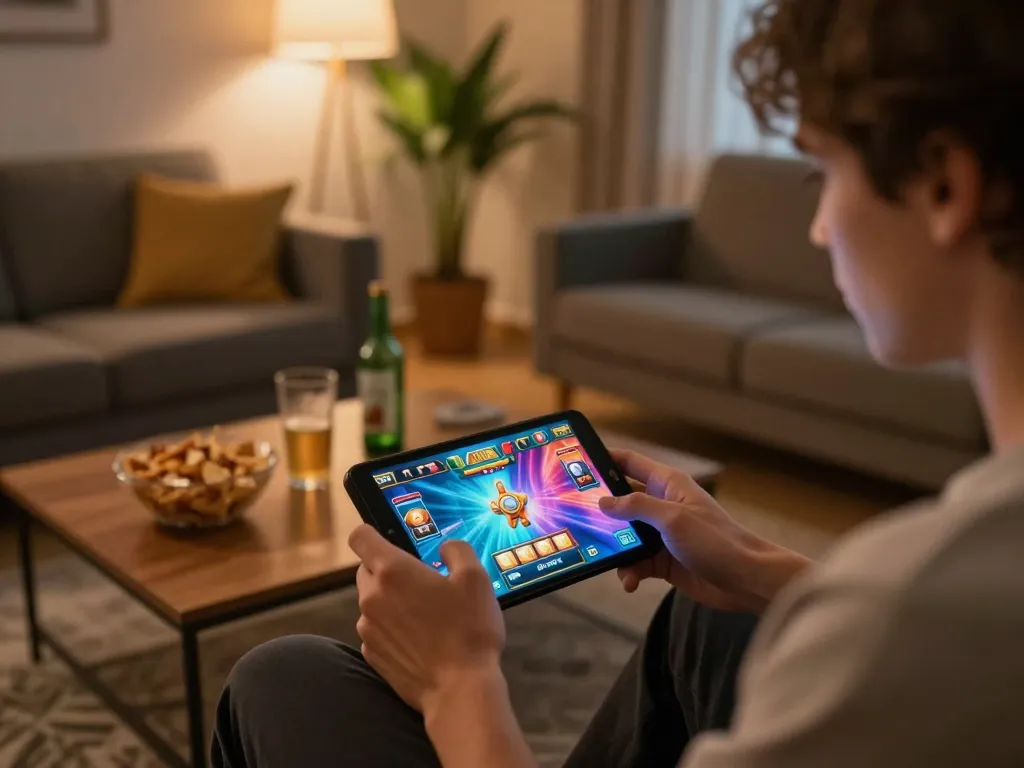 Engaging mobile gambling gameplay on BoosterJP platform, vibrant slot interface lighting up the room.