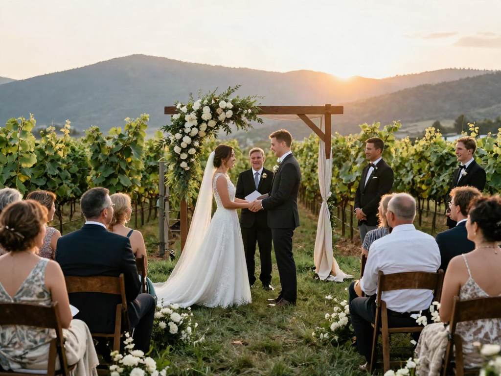Dunedin wedding photographer capturing a couple's emotional outdoor ceremony in a vineyard at sunset.