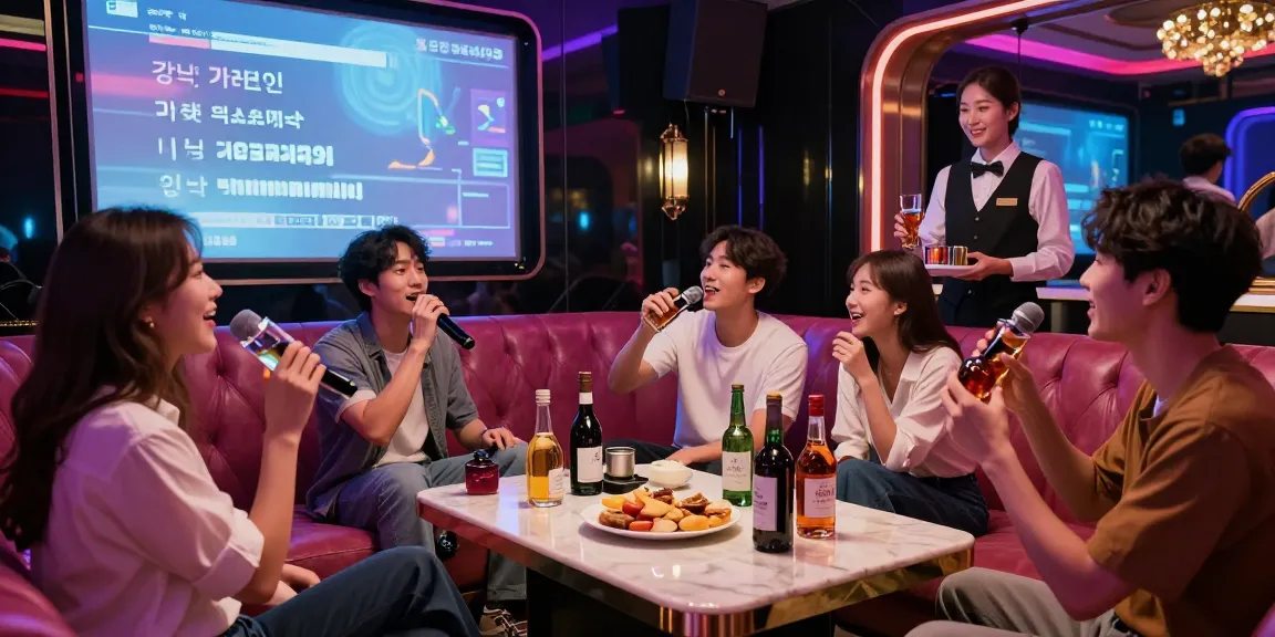 강남 가라오케에서 즐겁게 노래하며 음료를 만끽하는 친구들 모습
