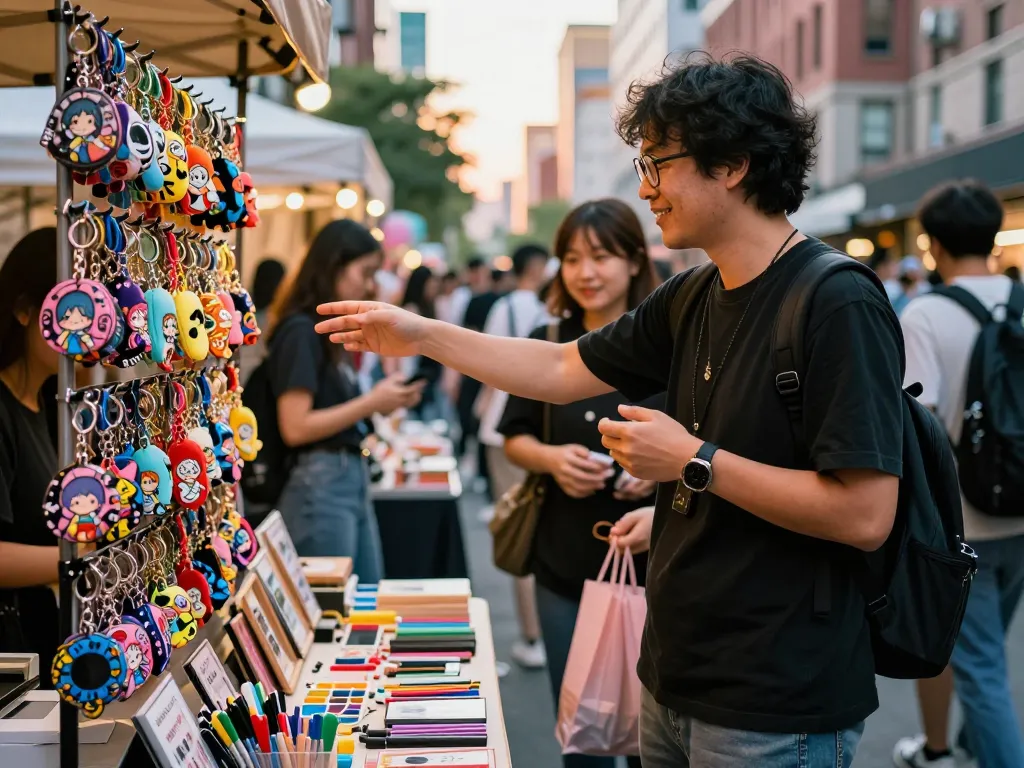 Artist displaying custom keychains at a vibrant urban market, showcasing unique designs and colorful patterns.