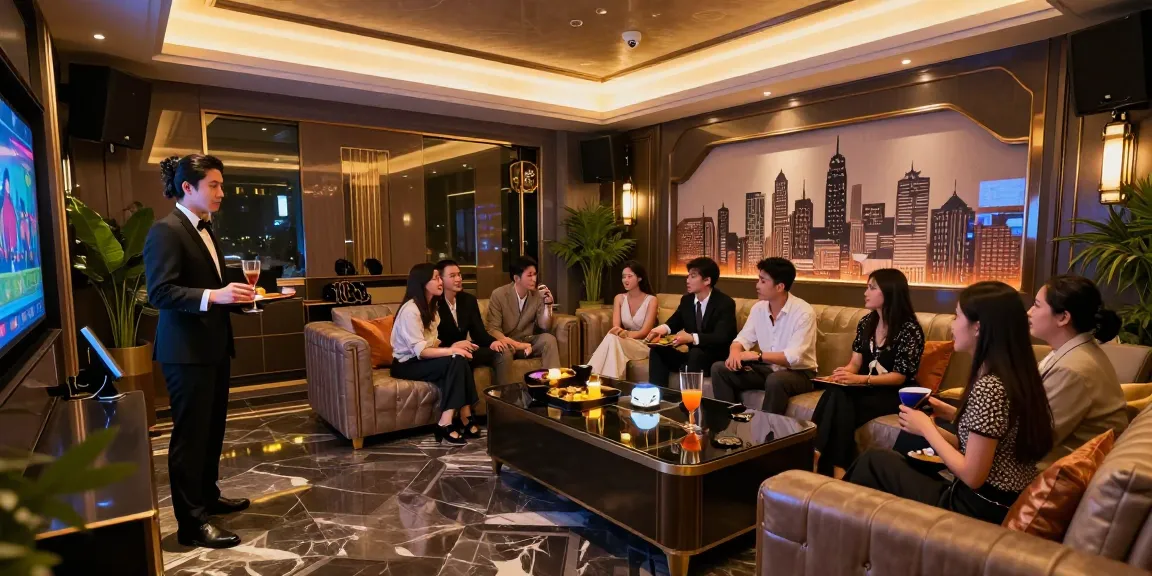 강남쩜오 고급 노래방 내부 모습, 안락한 좌석과 멋진 조명으로 아늑한 분위기를 연출합니다.