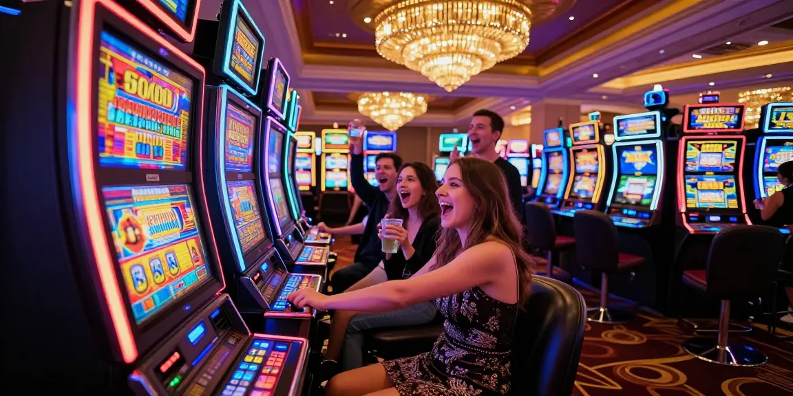 Excited player at slot 5000 machine in vibrant casino atmosphere