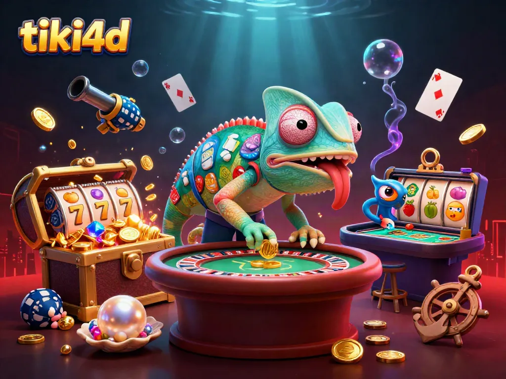 Menangkan permainan slot di tiki4d dengan ilustrasi kasino 3D yang penuh warna dan detail menawan.