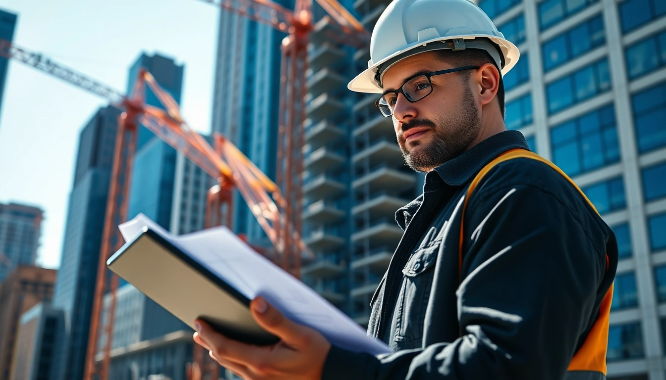 New York Construction Manager reviewing blueprints at a construction site under bright lighting.