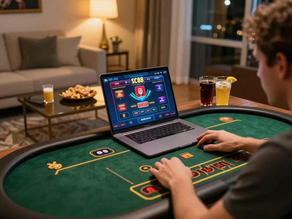 Engaging with SC88 online casino gaming on a laptop in a stylish home office, showcasing comfort and strategy.