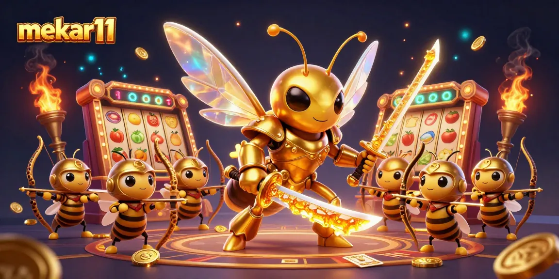 Mekar11 slots experience featuring dynamic 3D illustration of a golden hornet and bee archers with slot reels and golden trophy.