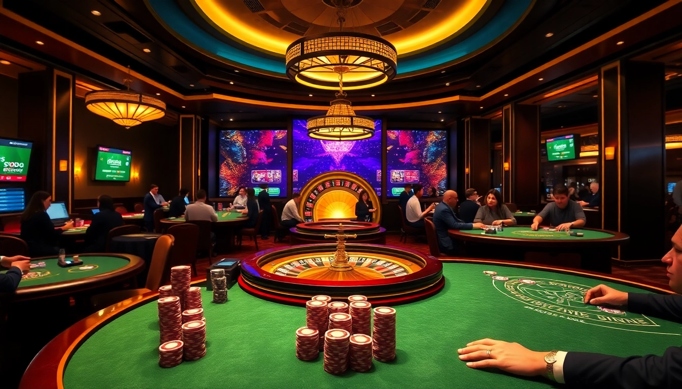 SODO Casino players enjoying exciting games with vibrant poker chips and a spinning roulette wheel.