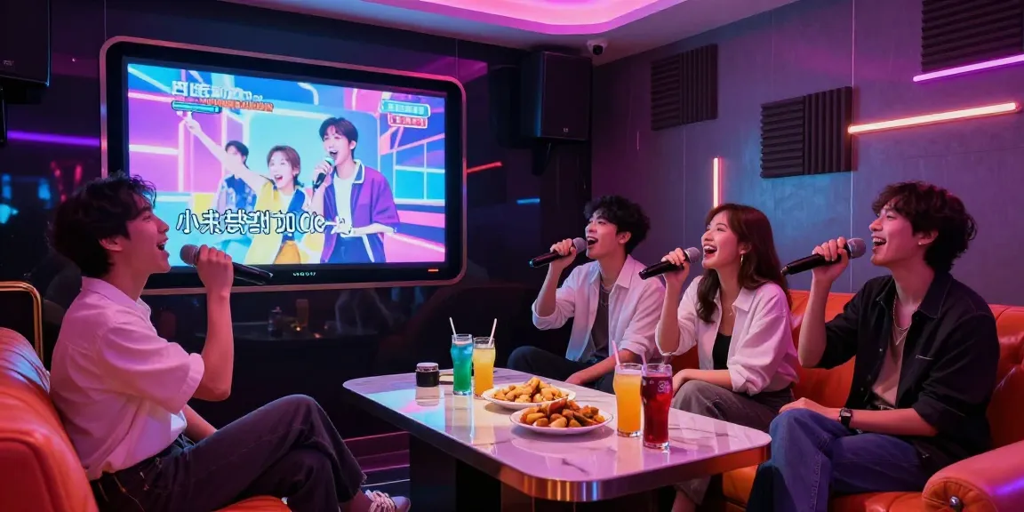 강남가라오케에서 친구들과 즐거운 시간을 보내는 장면, 화려한 조명과 현대적인 인테리어가 돋보임