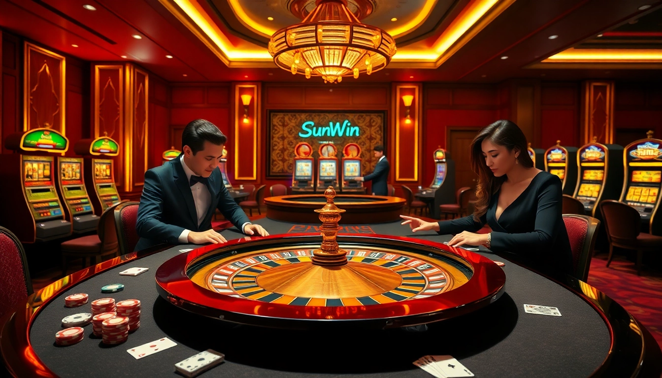 Sunwin players strategizing at a luxury casino blackjack table, surrounded by vibrant chips and cards.