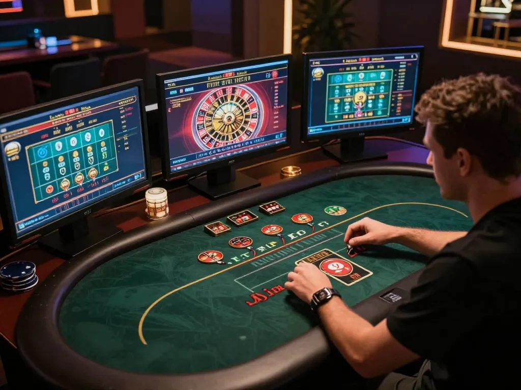 I9BET player engaging in strategic online casino gaming with multiple screens showcasing various games.