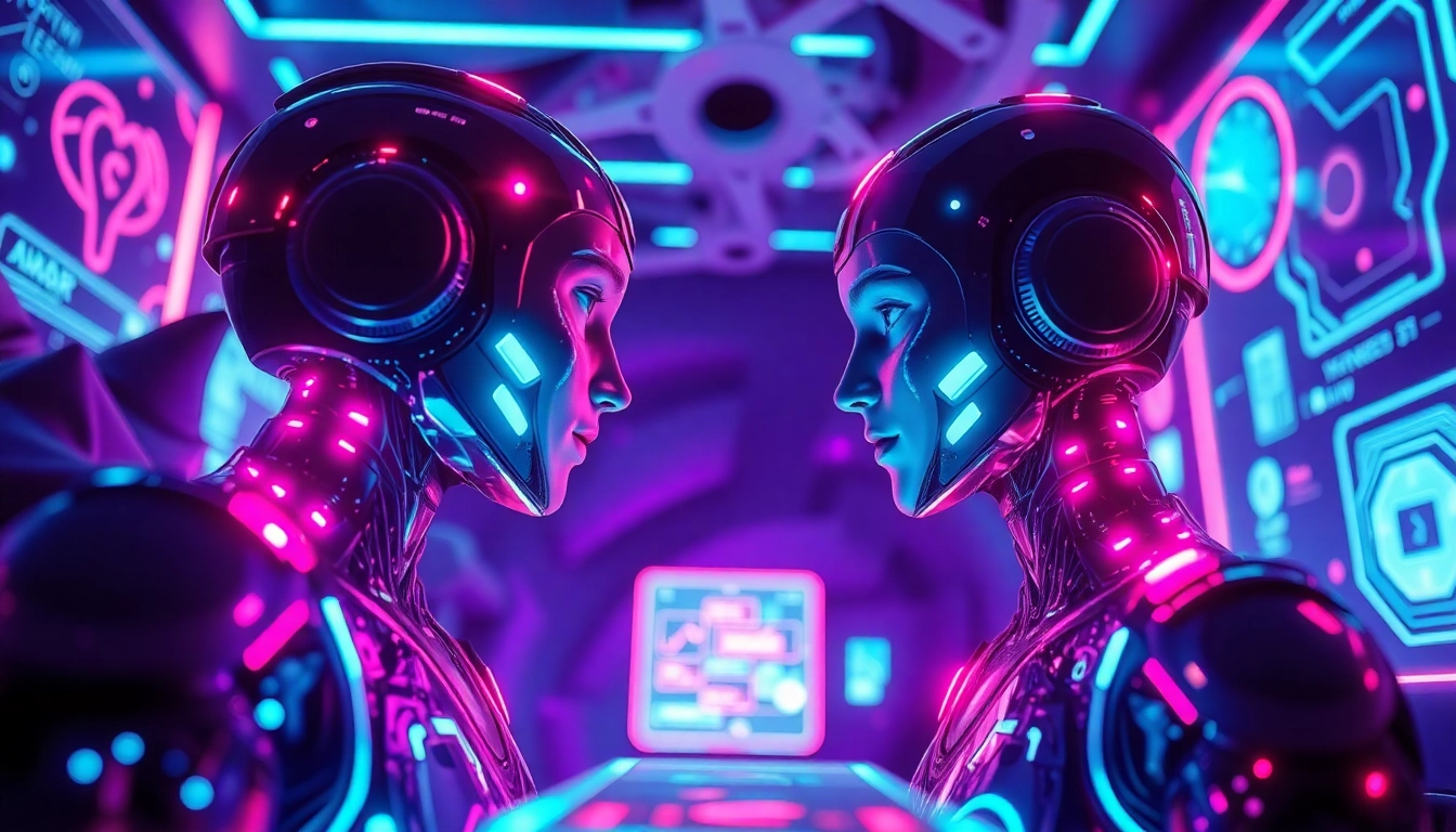 Engaging scene of users interacting with nsfw ai chatbots in a vibrant, futuristic digital landscape.