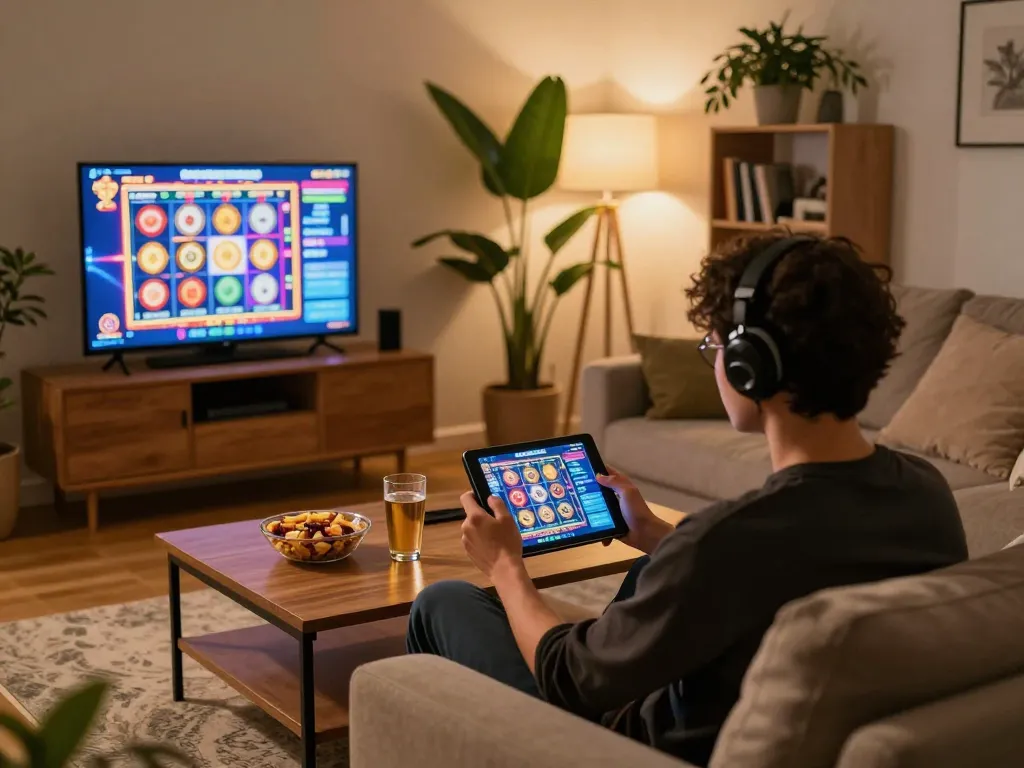 Engaging in exciting slot gameplay on a tablet at home in a cozy setting