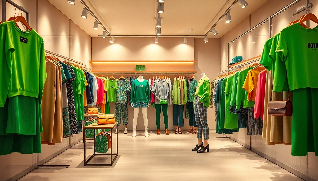 Stylish boutique display featuring trendy outfits labeled BOTOL169, showcasing vibrant fashion in soft lighting.