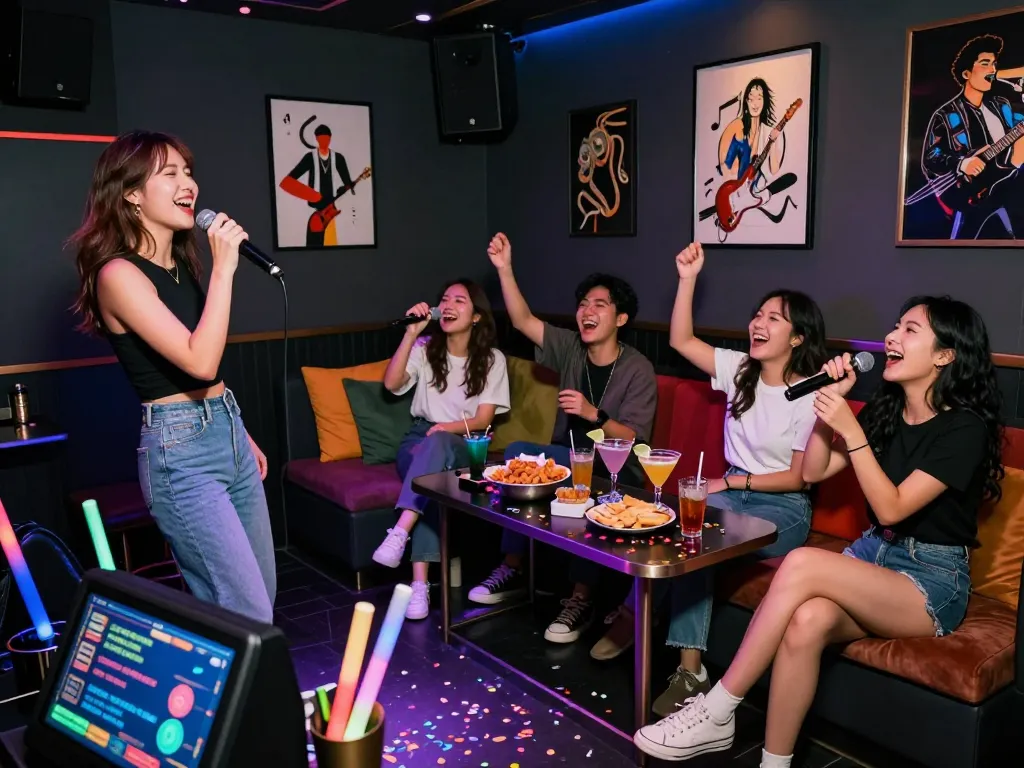 活気あるカラオケバーで一緒に歌い楽しむ友達たちのホーチミンのカラオケ・ロングタイム。