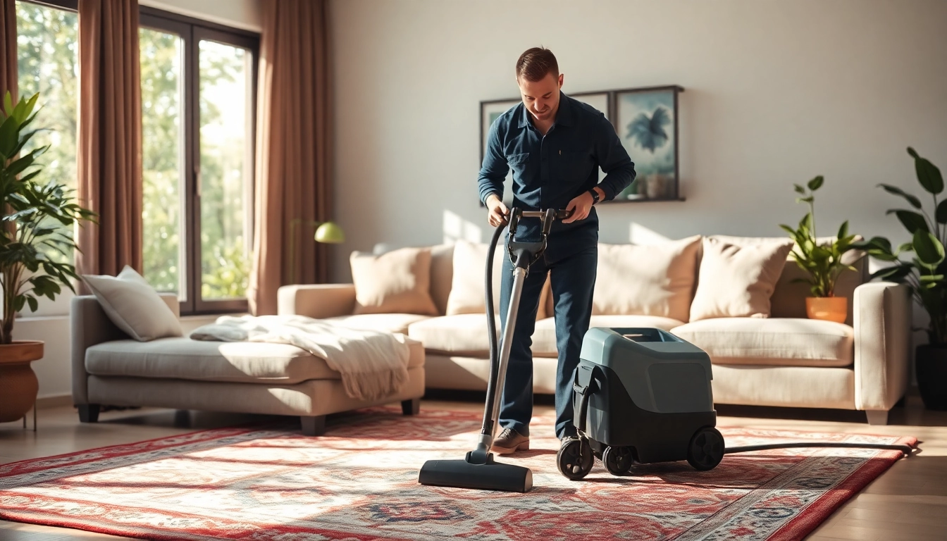Expert carpet cleaning lincoln ca technician revitalizing an area rug in a bright, cozy living room.