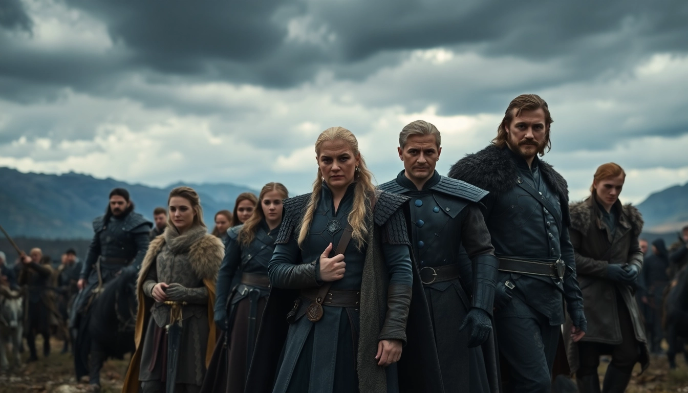 The game of thrones cast showcased in an epic battle scene highlighting characters and costumes.