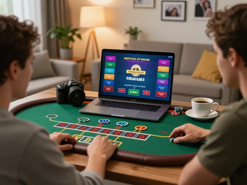 Manclub player engaged with live dealer blackjack game on a laptop in a cozy home environment.