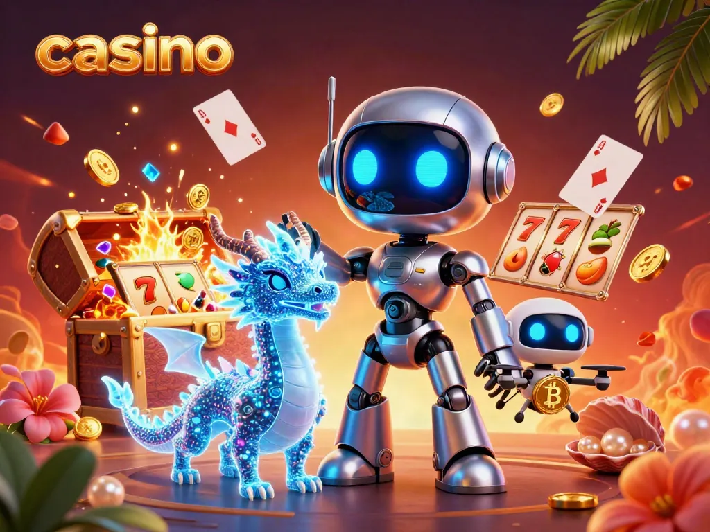 Engaging casino scene with a futuristic robot, dragon, and bitcoin drone amidst lively slot machines and treasure.