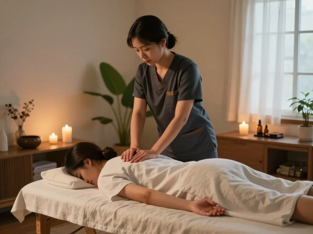 Soothing 부천 출장마사지 scene with a therapist providing a calming Thai massage in a cozy home setting.