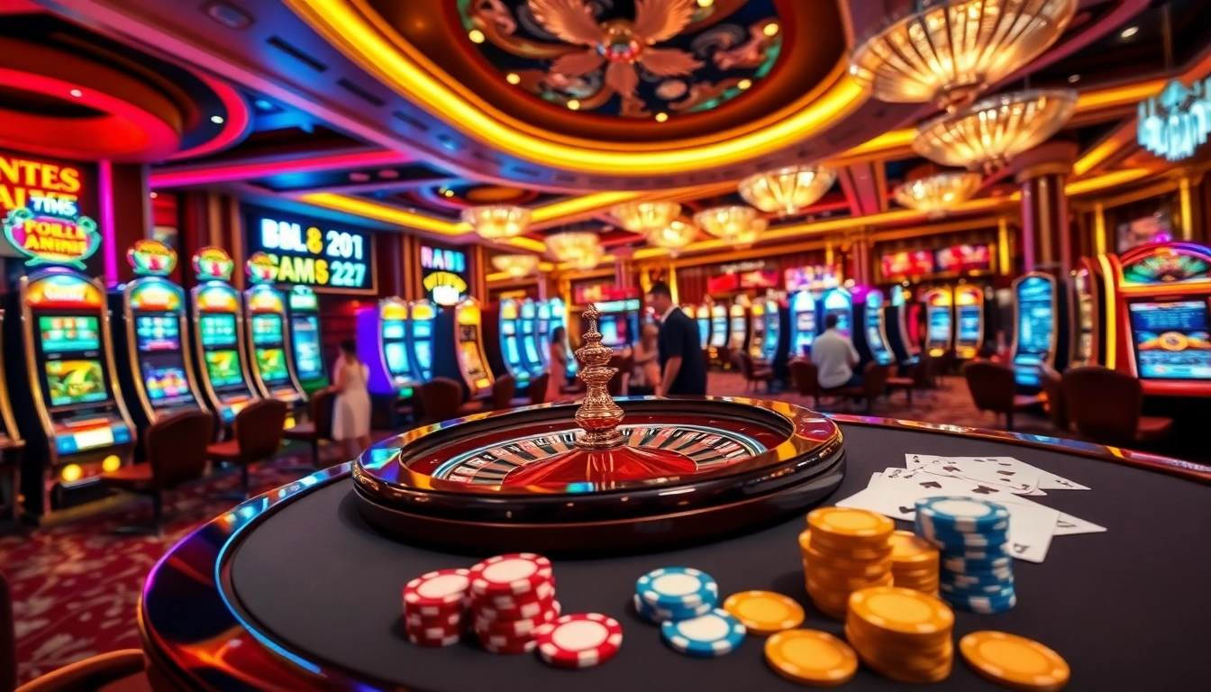 Explore the excitement of Trang chủ MM88 featuring lively casino games, roulette table, and vibrant slot machines.