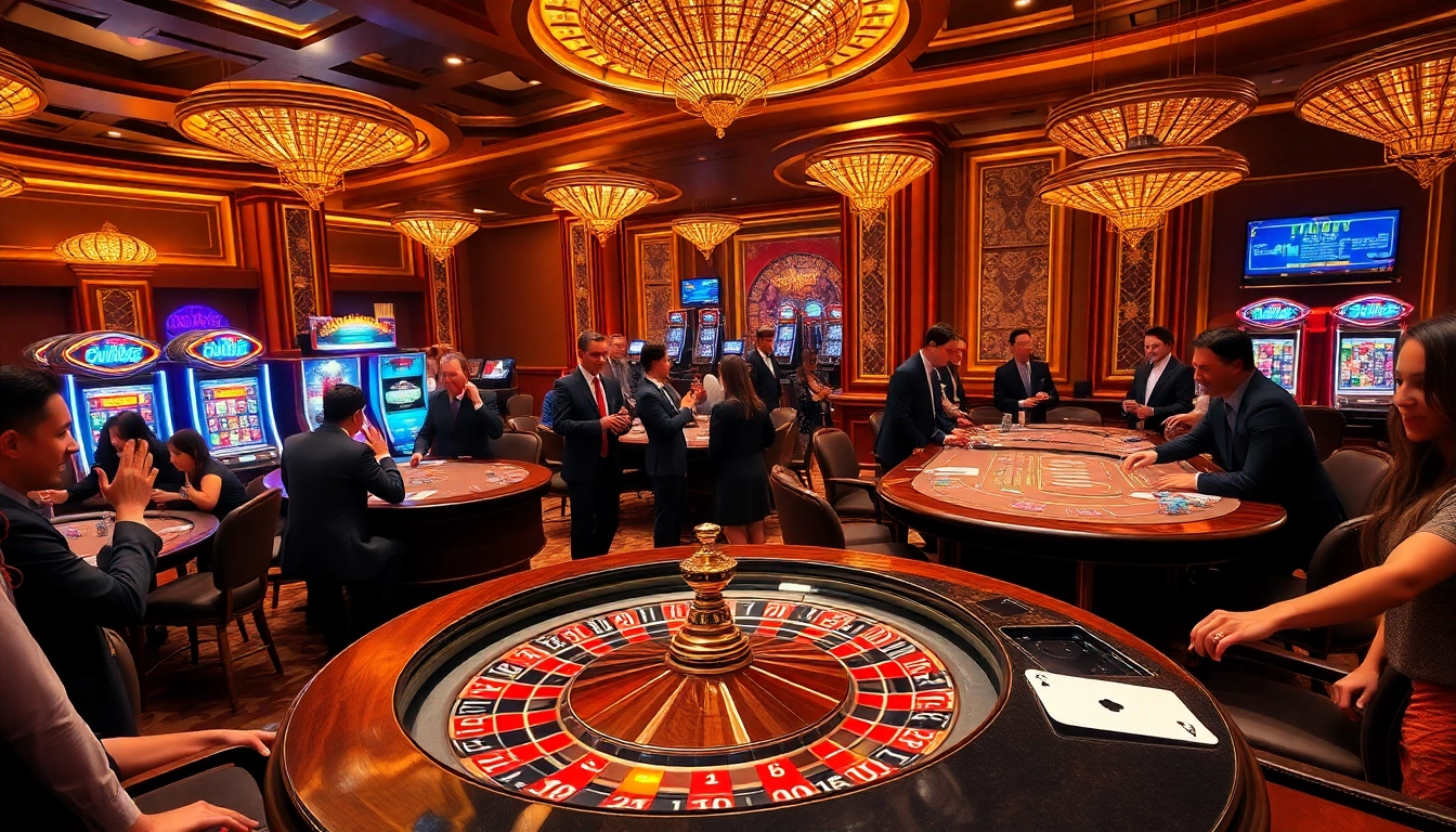 The excitement of gambling at https://luckywin.fan/ with roulette and blackjack tables illuminated in a luxurious casino setting.