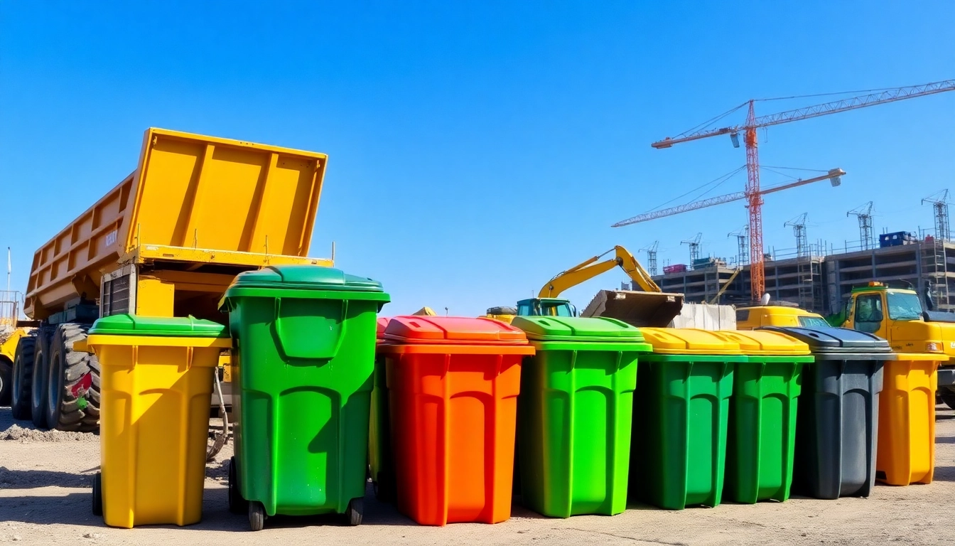 Renting garbage bins rental in a vibrant construction site setting with various bin sizes.