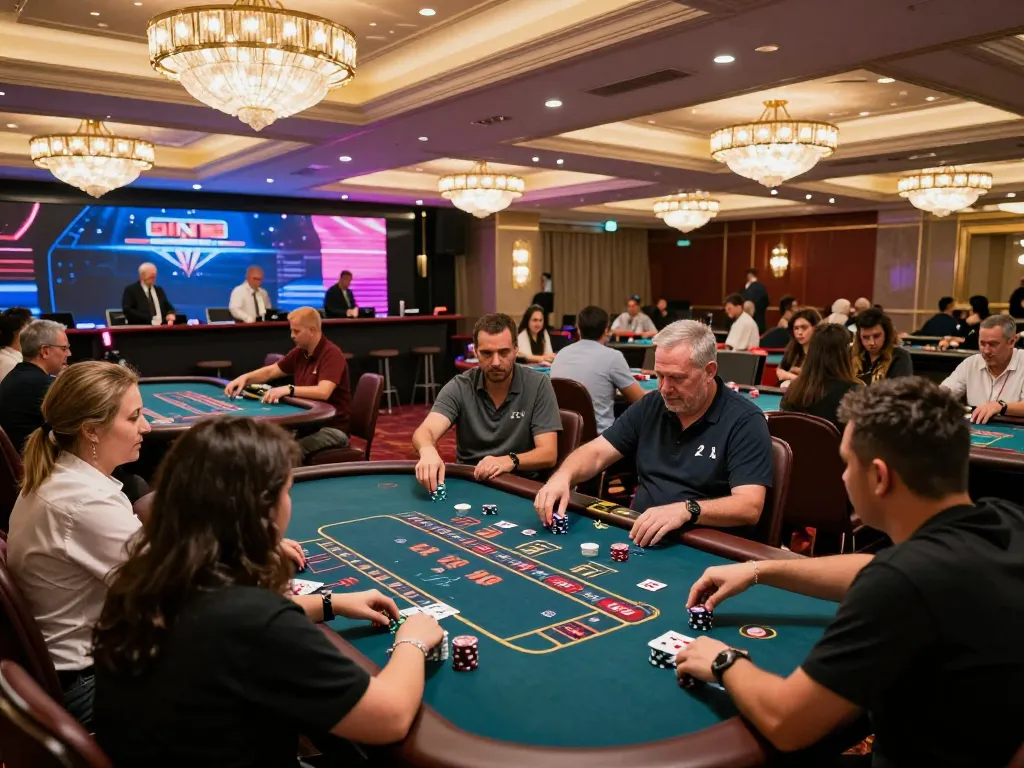 Players engaging in thrilling poker and roulette games at King33 live casino, showcasing excitement and interaction.
