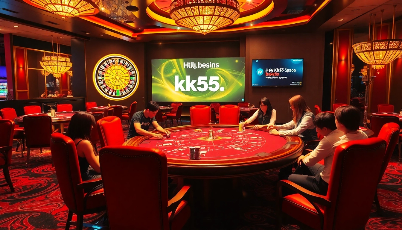 Players enjoying high-stakes poker at KK55's luxurious casino atmosphere, showcasing excitement.