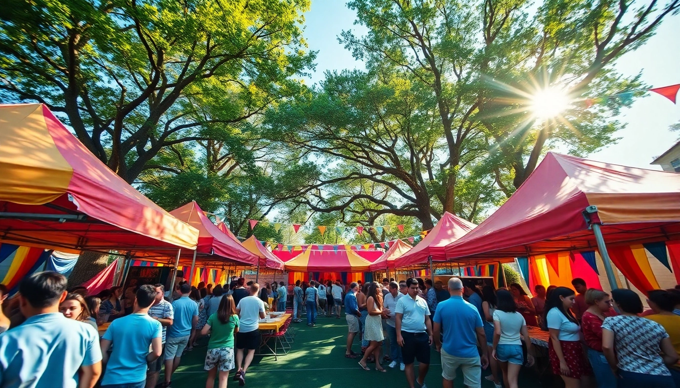Guests celebrate with vibrant decorations and tents for Party Rentals Near Me.