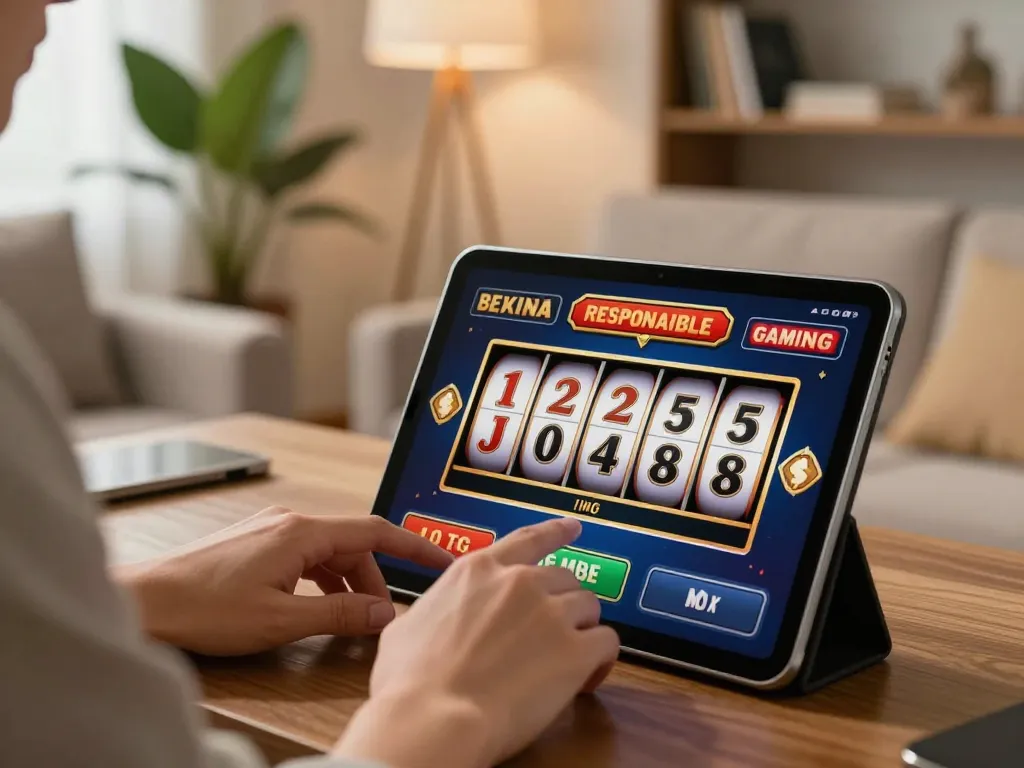 Player enjoying fb88 online slots on tablet in a cozy living room with warm lighting.
