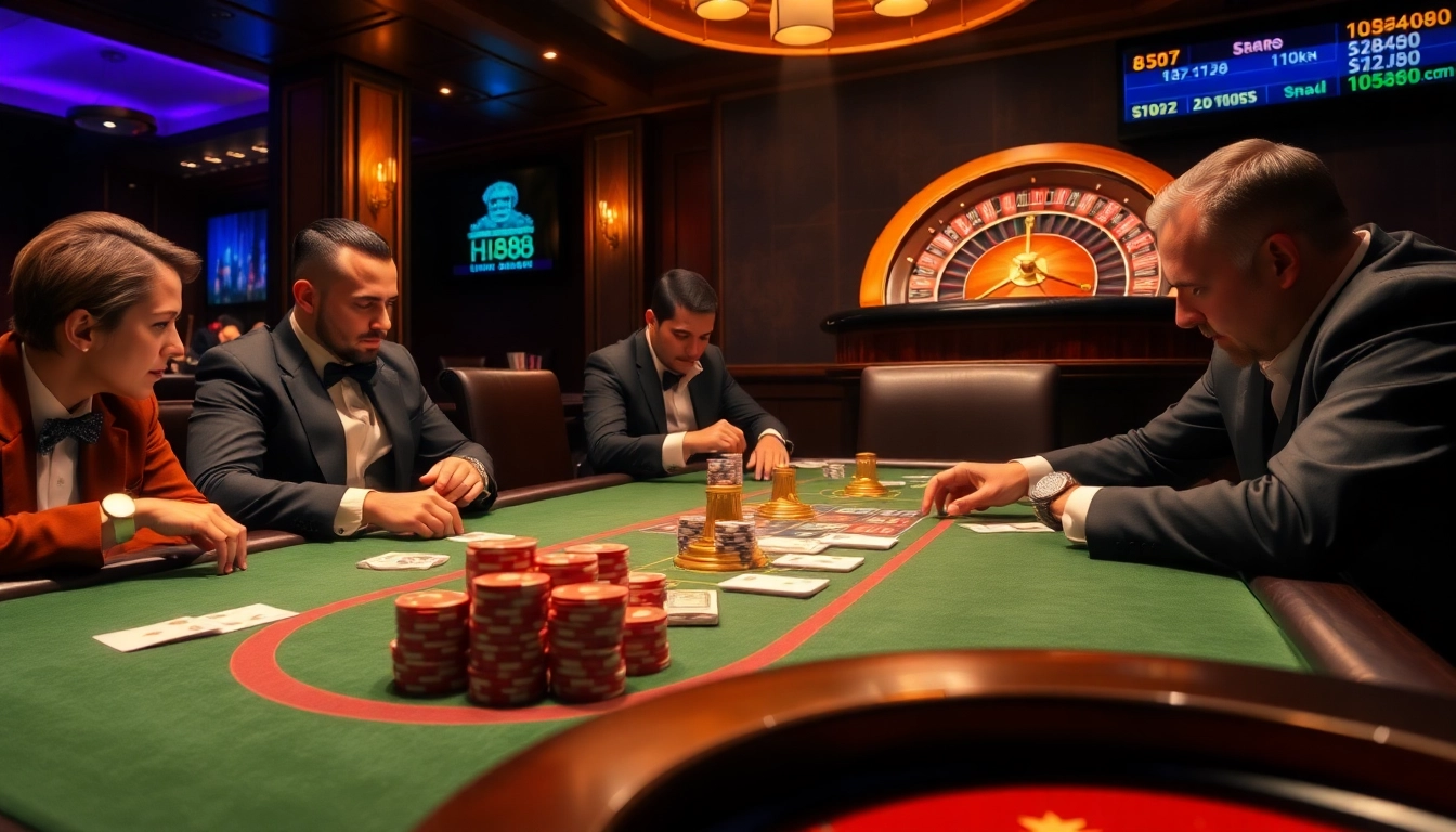 Players enjoying a high-stakes poker game at Hi88 Casino with luxury decor and ambiance.