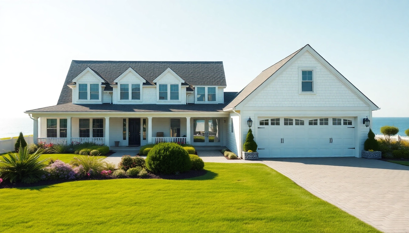 Cape cod home with attached garage surrounded by lush landscaping and coastal views.